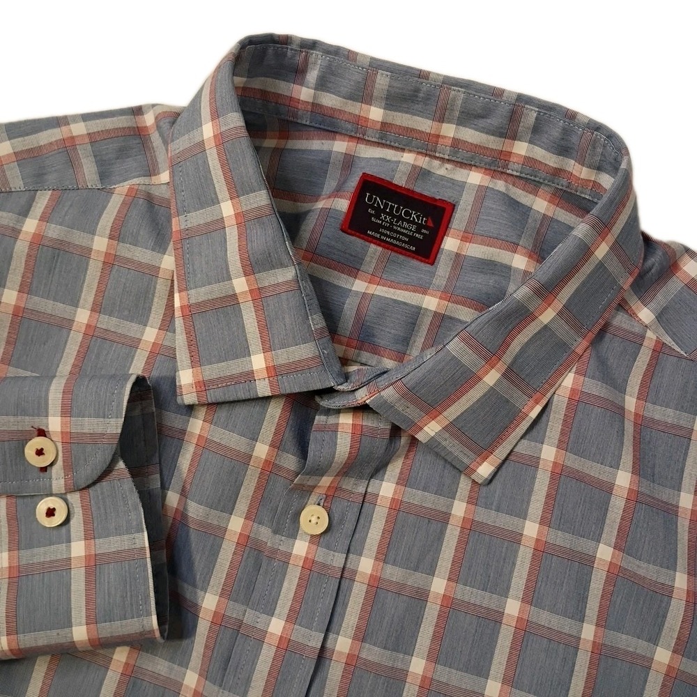 UNTUCKit Potomac Button Up Shirt Men 2XL Slim Fit Blue Plaid Cotton Wrinkle Free
